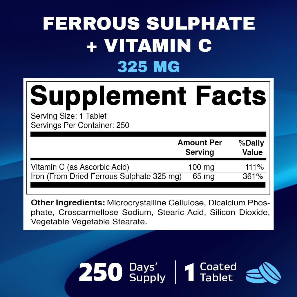 Vitamatic Ferrous Sulphate 325 mg + Vitamin C 100 mg Iron Supplement, 250 Coated Tablets J387
