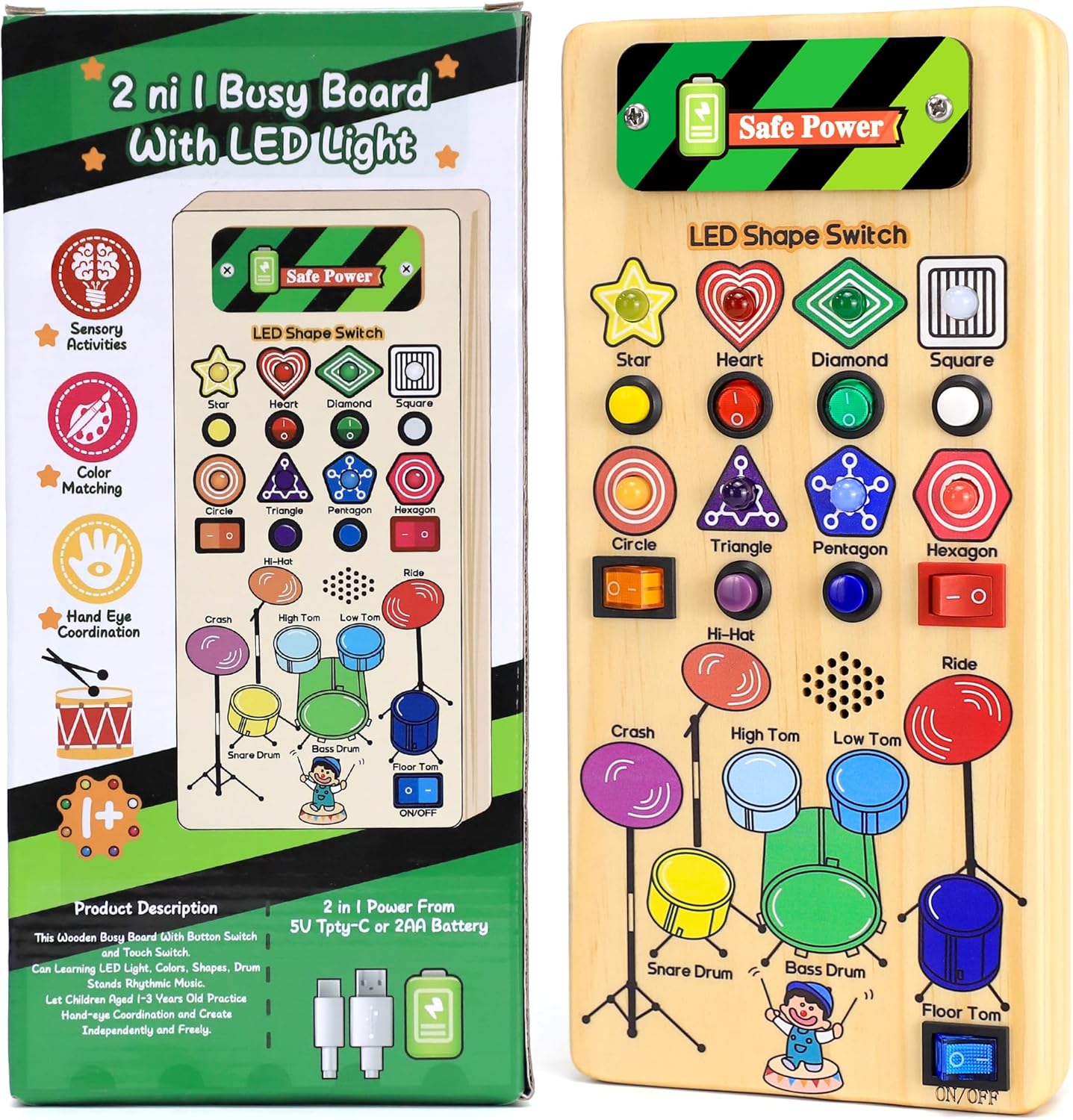 USB Busy Board Montessori Toys with LED Shape Switch and Drum Set for 1-3 Year Old Boys Girls I9070