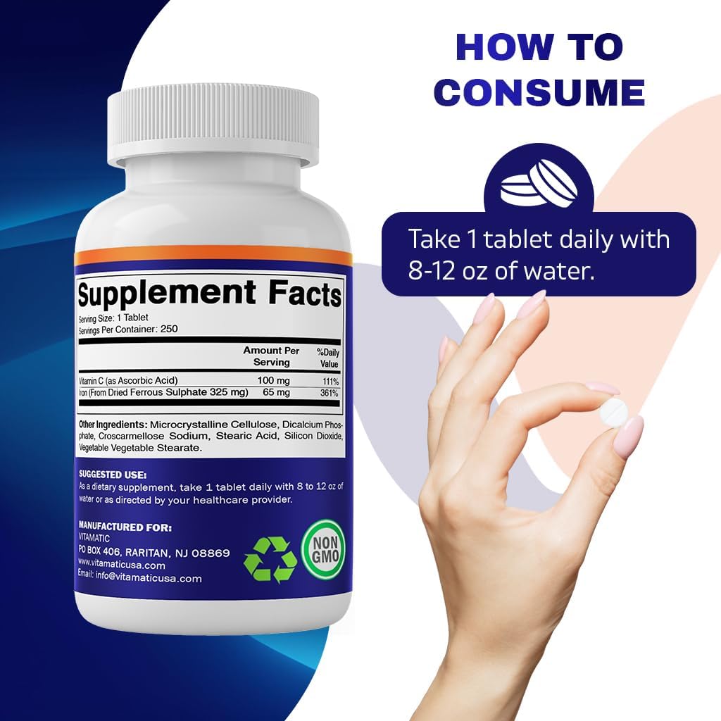 Vitamatic Ferrous Sulphate 325 mg + Vitamin C 100 mg Iron Supplement, 250 Coated Tablets J387