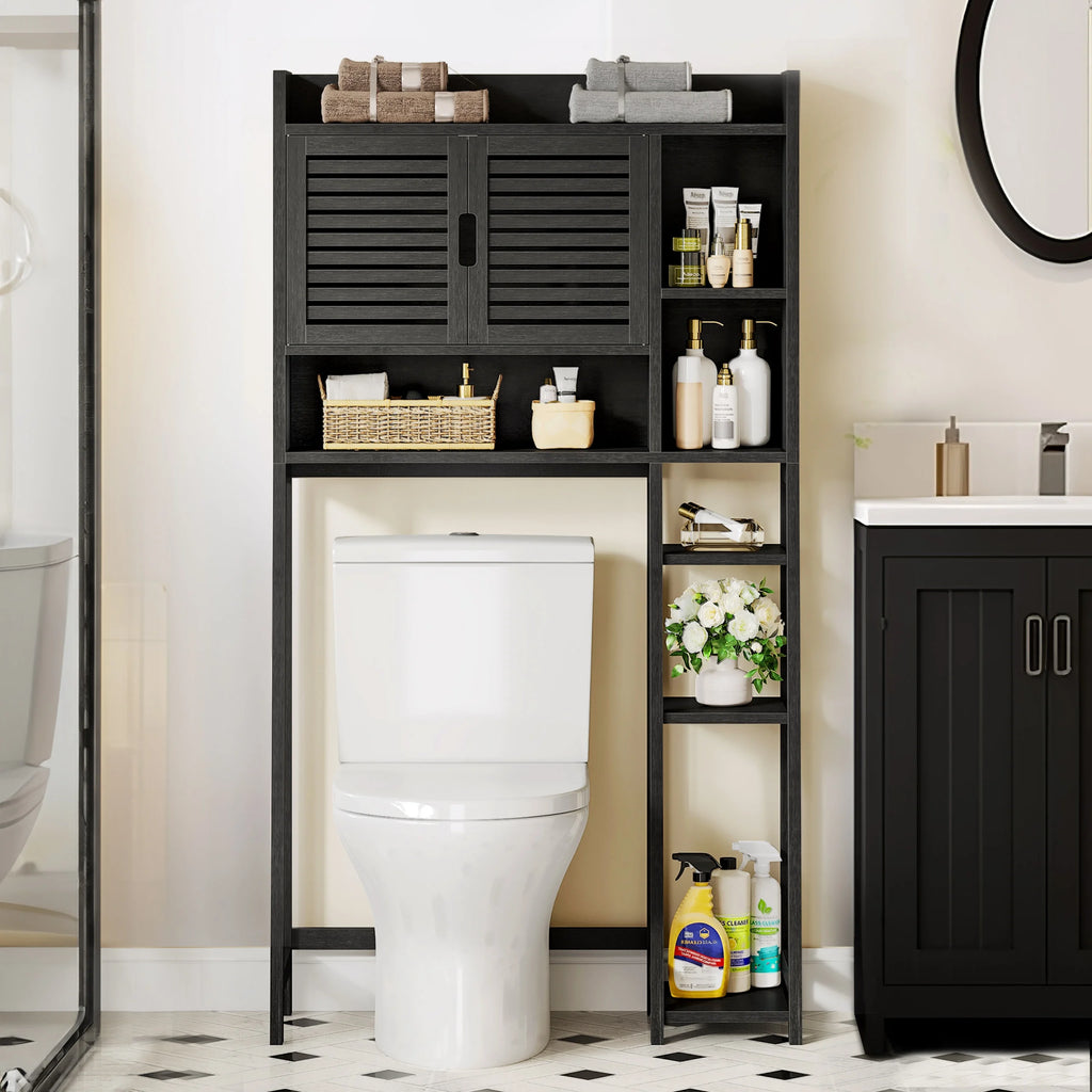 DWVO 31.5 W" Over The Toilet Storage Cabinet with Open Storage Shelf & Adjustable Shelf, Bathroom Cabinet with Door, Over The Toilet Space Saver Shelves for Kid, Adult Bath Items, Black