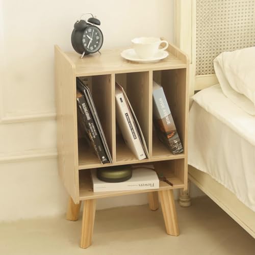 AWASEN Record Player Stand with Vinyl Storage, Turntable Stand with Record Storage, Vinyl Record Table Holds Up to 100 Albums, 3 Tier End Table with Wood Legs for Living Room Bedroom Office (Brown)