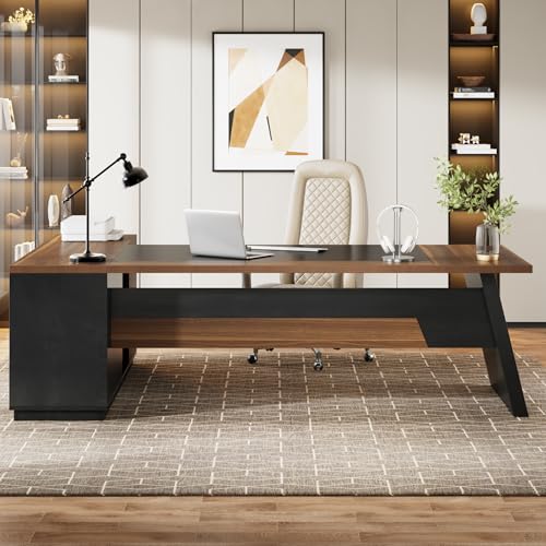 Tribesigns 78" L-Shaped Executive Desk with Drawers and File Cabinet, Walnut & Black V6249