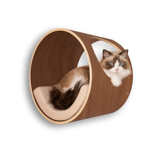 Cat Wall Shelves Round for Large Cat Bed Shelf with Cushion Wall Mounted Cat Condo Cat Perch Wooden Cat Wall Furniture 16.1"x11.8"x16.1", Support to 50 LBS(Left Opening,Oak)