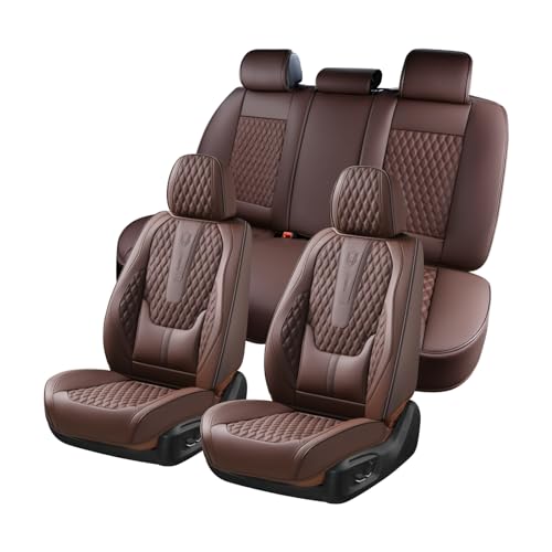 Coverado Car Seat Covers Full Set, Leather Seat Covers for Car Waterproof Automotive Seat Covers Protector Universal Fit for Most Cars SUV Truck with Lumbar Support(Red Line)