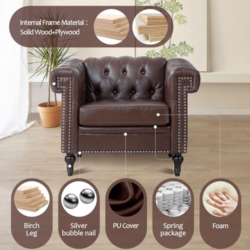 Chesterfield Leather Chair with Tufted Back and Solid Wood Legs, Brown P779