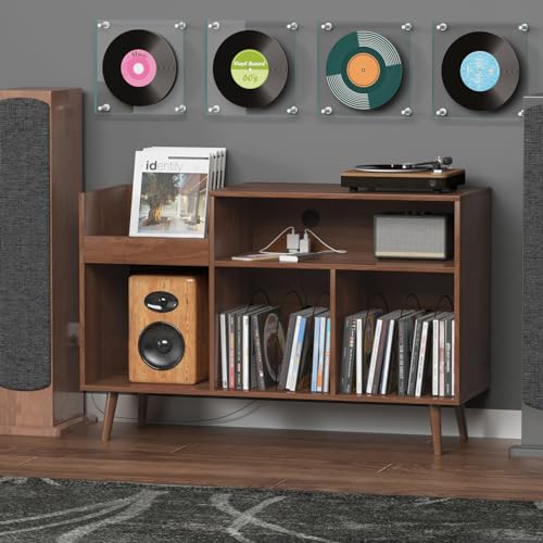 Large Record Player Stand with Power Outlet and Vinyl Storage Cabinet S7690