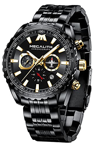MEGALITH Mens Wrist Watches Pilot: Analog Quartz Chronograph - Military Watch for Men Waterproof - 46mm Big face | Auto Date | Luminous | Stainless Steel