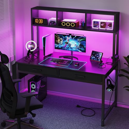 Black Gaming Desk with Hutch and Shelves, 47 Inch with LED Light and Power Outlets C685
