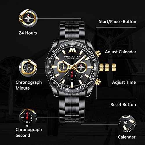 MEGALITH Men's Pilot Watch Analog Quartz Chronograph Waterproof 46mm K900128
