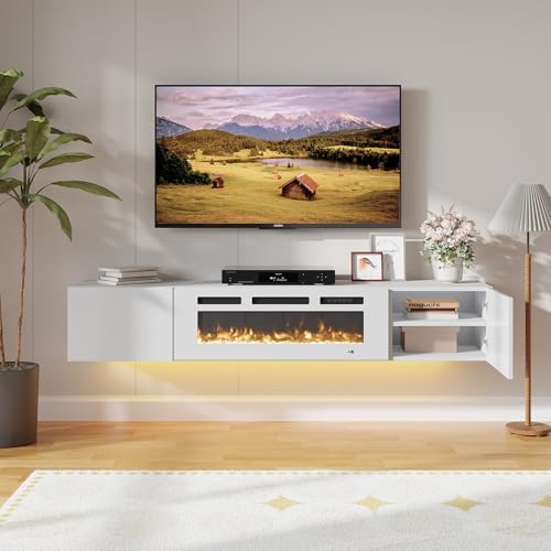 Aoxun Floating Fireplace TV Stand,70" TV Cabinet,Wall Mounted Entertainment Center with 36" Electric Fireplace,Modern LED Lights Media Console for TVs Up to 80" (Black TV Stand-White Fireplace)