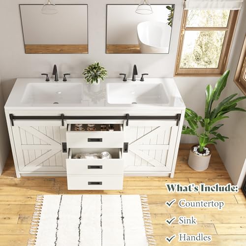 60" Farmhouse Sliding Barn Door Bathroom Vanity with Sink, Gray D68921