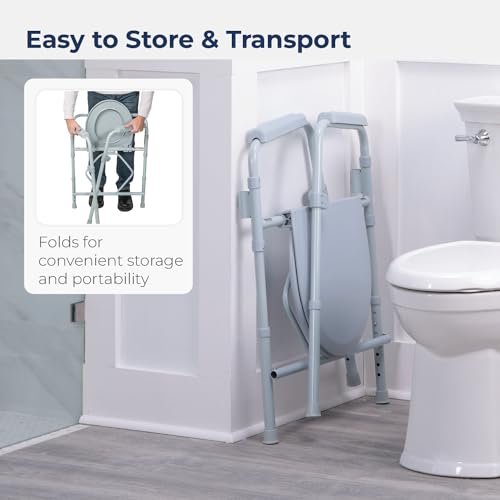 Drive Medical Folding Steel Bedside Commode Chair, Portable Toilet, 350 lb Capacity, Grey D8485
