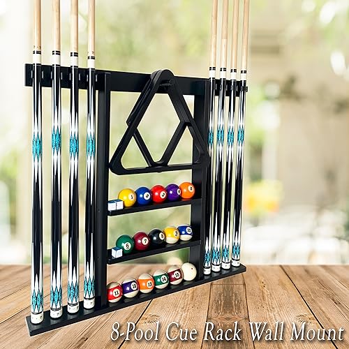 Wall Mount Pool Cue Rack for 8 Sticks, Solid Wood Mahogany S223328