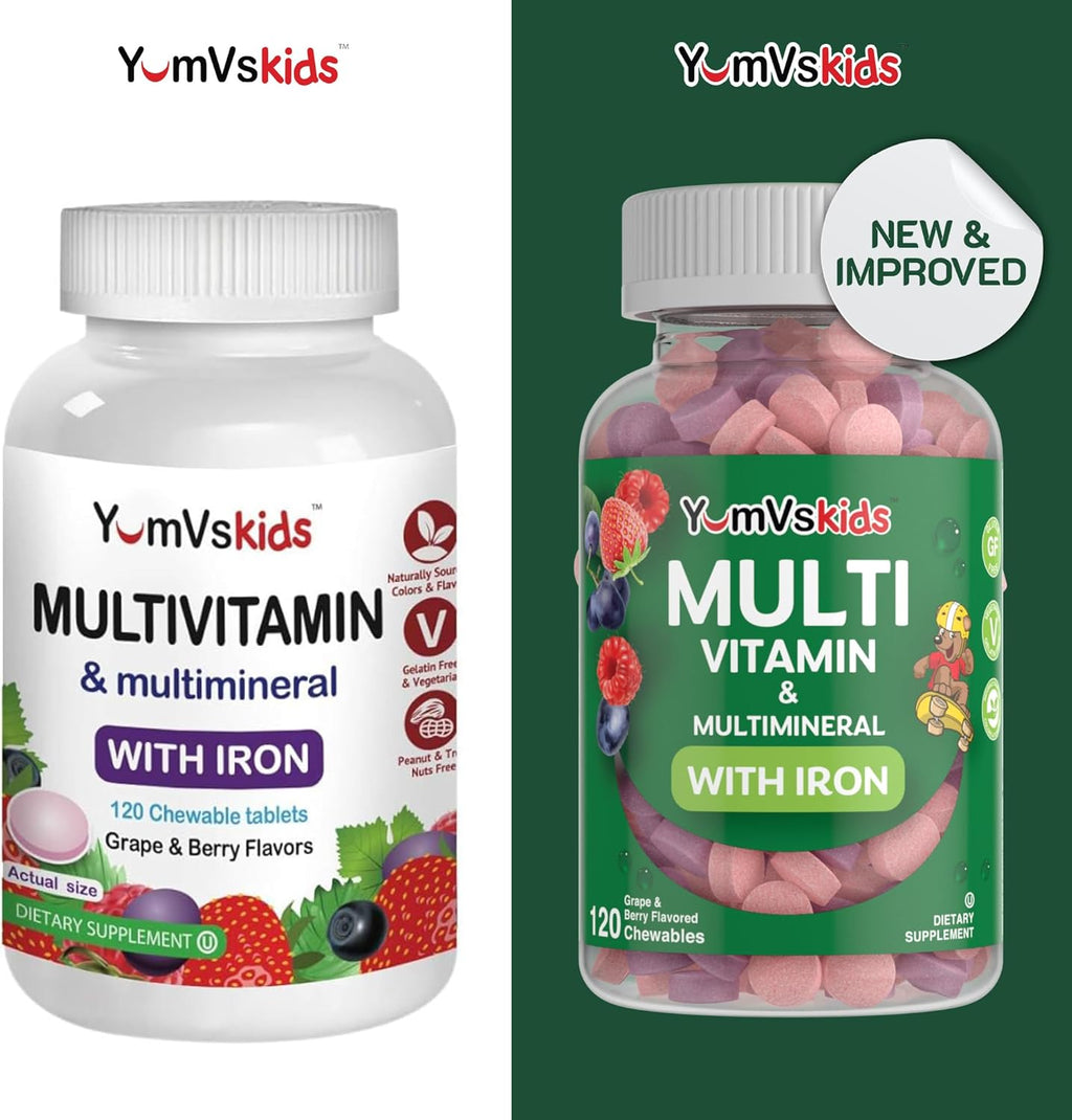 YumVs Complete Kids Multivitamin with Iron, Chewable, Kosher, Gluten Free, 120 Tablets O148
