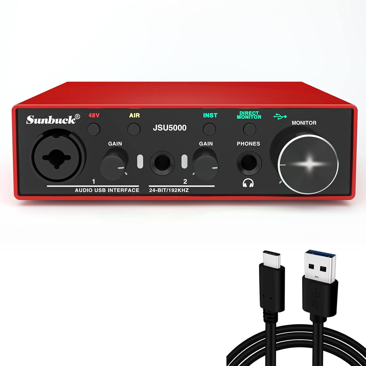 Sunbuck Audio Interface for PC/MAC, 24Bit/192kHz High-Fidelity, AIR Mode Add More Extra Clarity for Recording Music, with XLR/48V Phantom Power, USB Audio Interface for Guitar, Ultra-Low Latency
