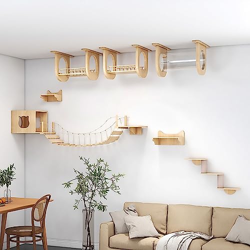All Solid Wood Cat Climbing Frame Set, Wall-Mounted Cat Wall Furniture, Space-Saving, for Wall Cat Climbing Shelf and Perch (Size : Set7)