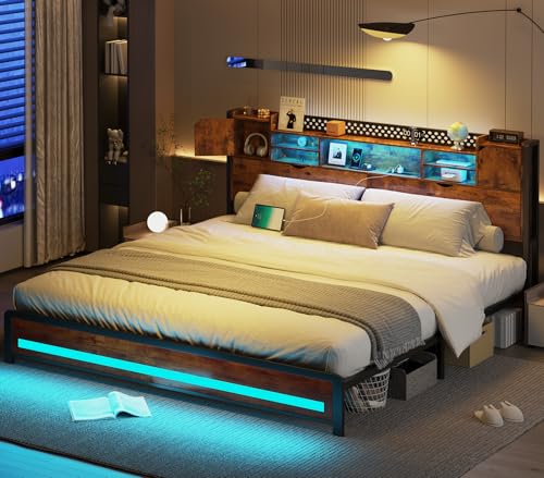 King Size Bed Frame with Storage Drawers and Bookcase Headboard, LED Lights, Vintage Brown K9476