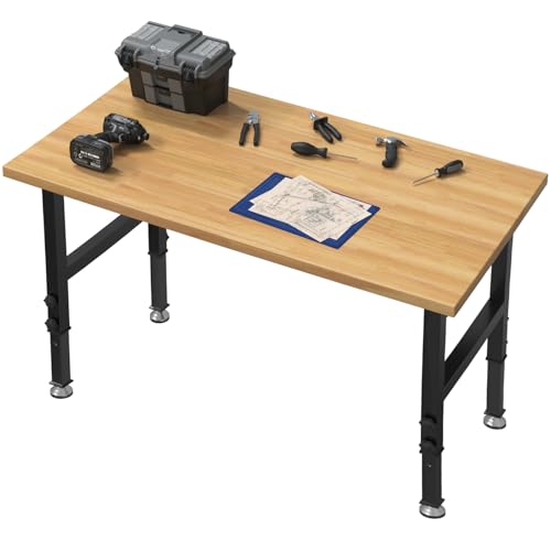 60" Adjustable Workbench, 2000 LBS Load Capacity Heavy Duty Table, Hard Wood Work Bench with Power Outlets, Wheels and Drawer for Garage, Workshop, Home, Office, Easy to Assemble