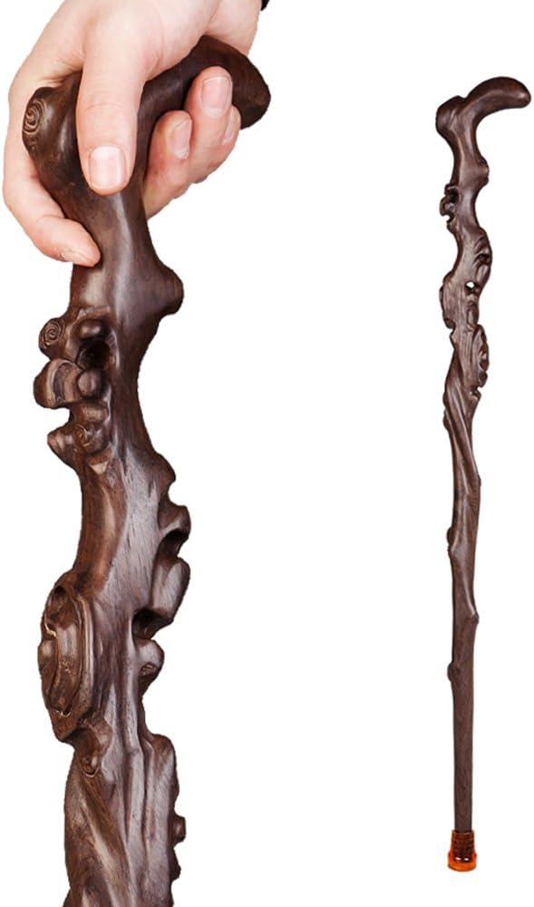 Wood Cane with Supportive Curved Handle, Exquisite Carving Walking Canes, Handmade Carved Sticks, Ebony Crutch Stick Gift for Men and Women