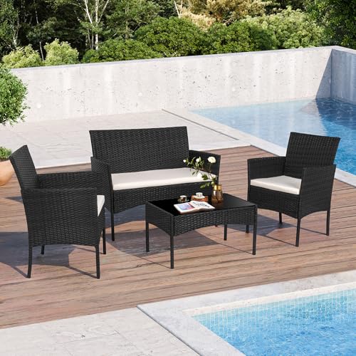 Shintenchi 4 Piece Outdoor Patio Furniture Set with Rattan Chairs and Glass Coffee Table, Black W6133