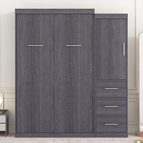 DEINPPA Full Size Murphy Bed with Convertible Wardrobe, Wall Bed with Drawers and Shelf, Antique Wood I776