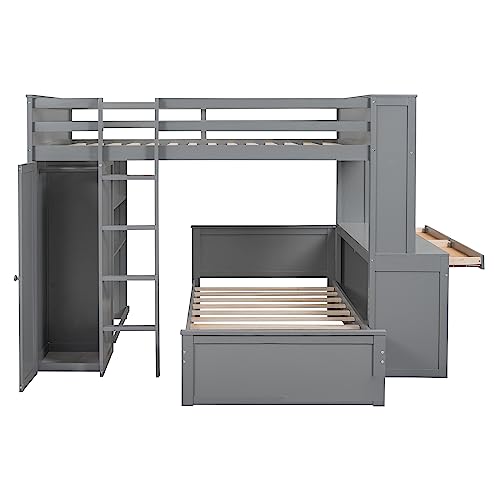 Harper & Bright Designs Full Over Twin Bunk Bed with Desk and Storage, Solid Wood, Gray L8927