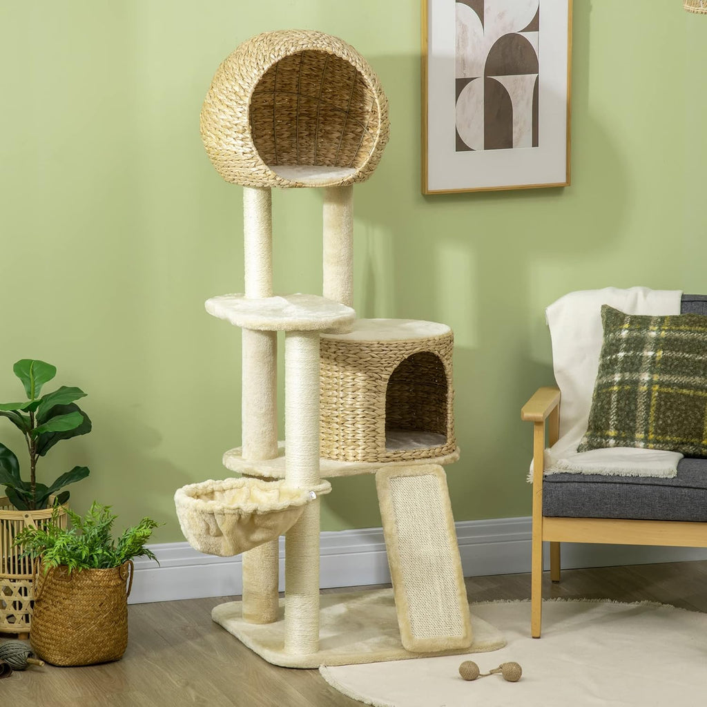 PawHut 59 Inch Cat Tree for Indoor Cats with Condo, Hammock, Scratching Posts, Beige W443