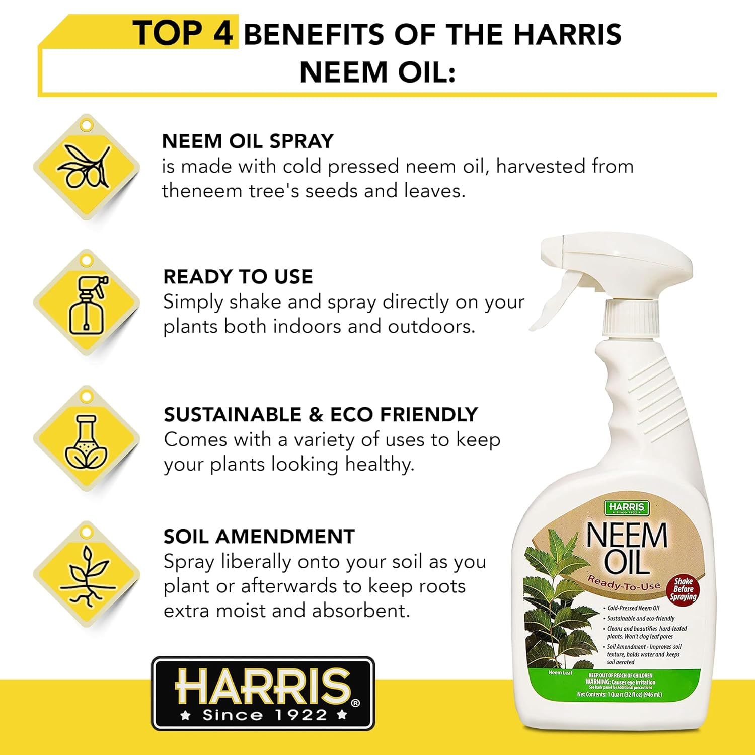 HARRIS Neem Oil Spray for Plants, Cold Pressed Ready to Use, 20oz H22006