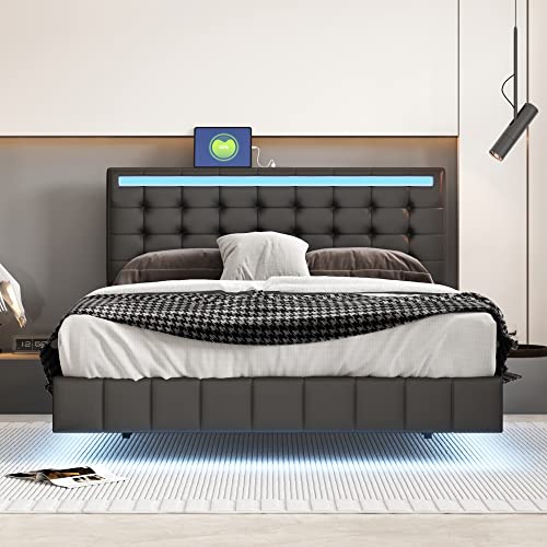 Queen Size LED Lighted Upholstered Platform Bed Frame with USB Charging, Black N957