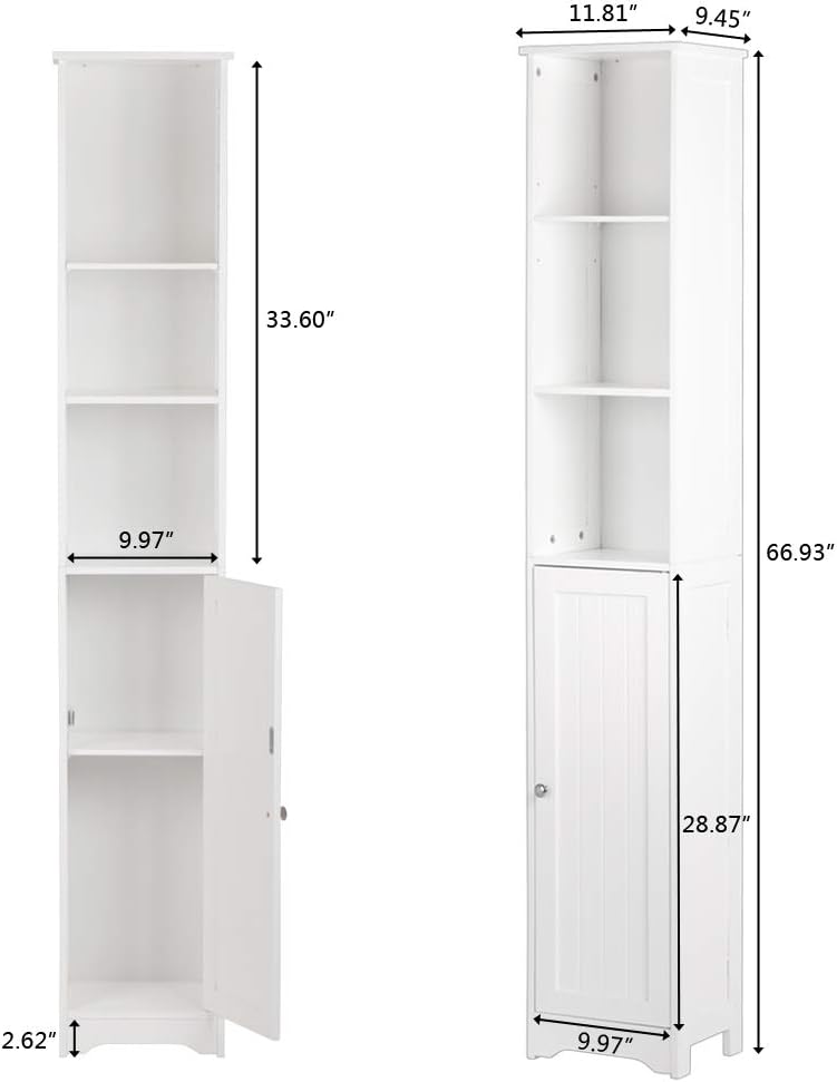 White Tall Bathroom Storage Cabinet, Slim Corner Floor Cabinet with Doors W671484