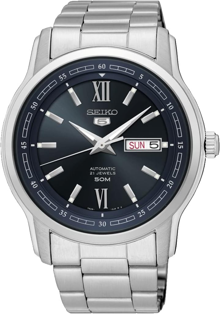 SEIKO SNKP17 Automatic Watch for Men 5-7S Collection - Black Dial with Luminous Hands, Roman Numerals at 12 & 6, Day/Date Calendar, Stainless Steel Case & Bracelet