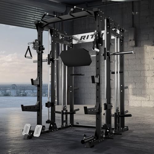RitFit Buffalo Smith Machine Power Cage with Lat Pull-Down & Cable Crossover for Home Gym V3251