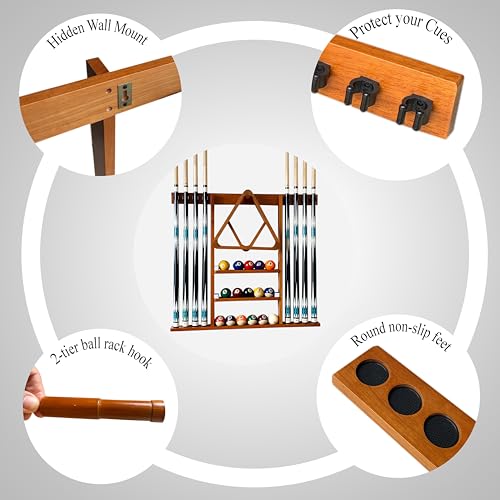 Wall Mount Pool Cue Rack for 8 Sticks, Solid Wood Mahogany S223328