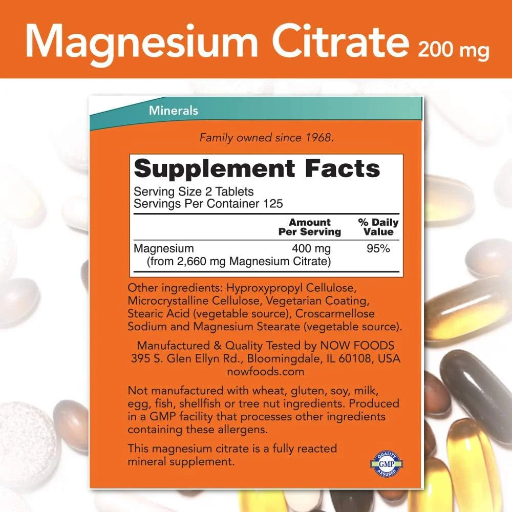 NOW Magnesium Citrate 200 mg, 250 Tablets W93204