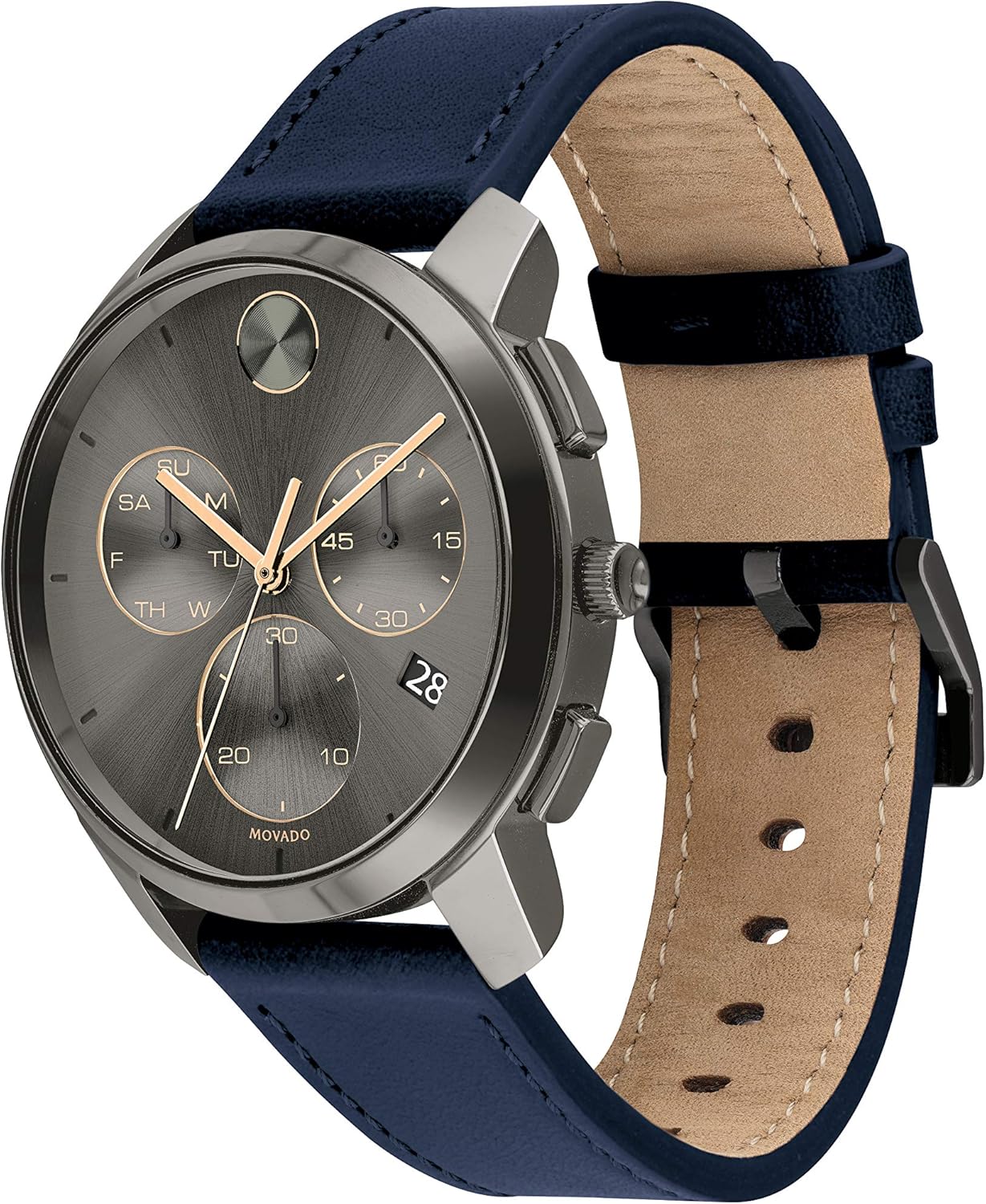 Movado Bold Thin Men's Swiss Quartz Chrono Stainless Steel and Leather Watch, Navy X441152