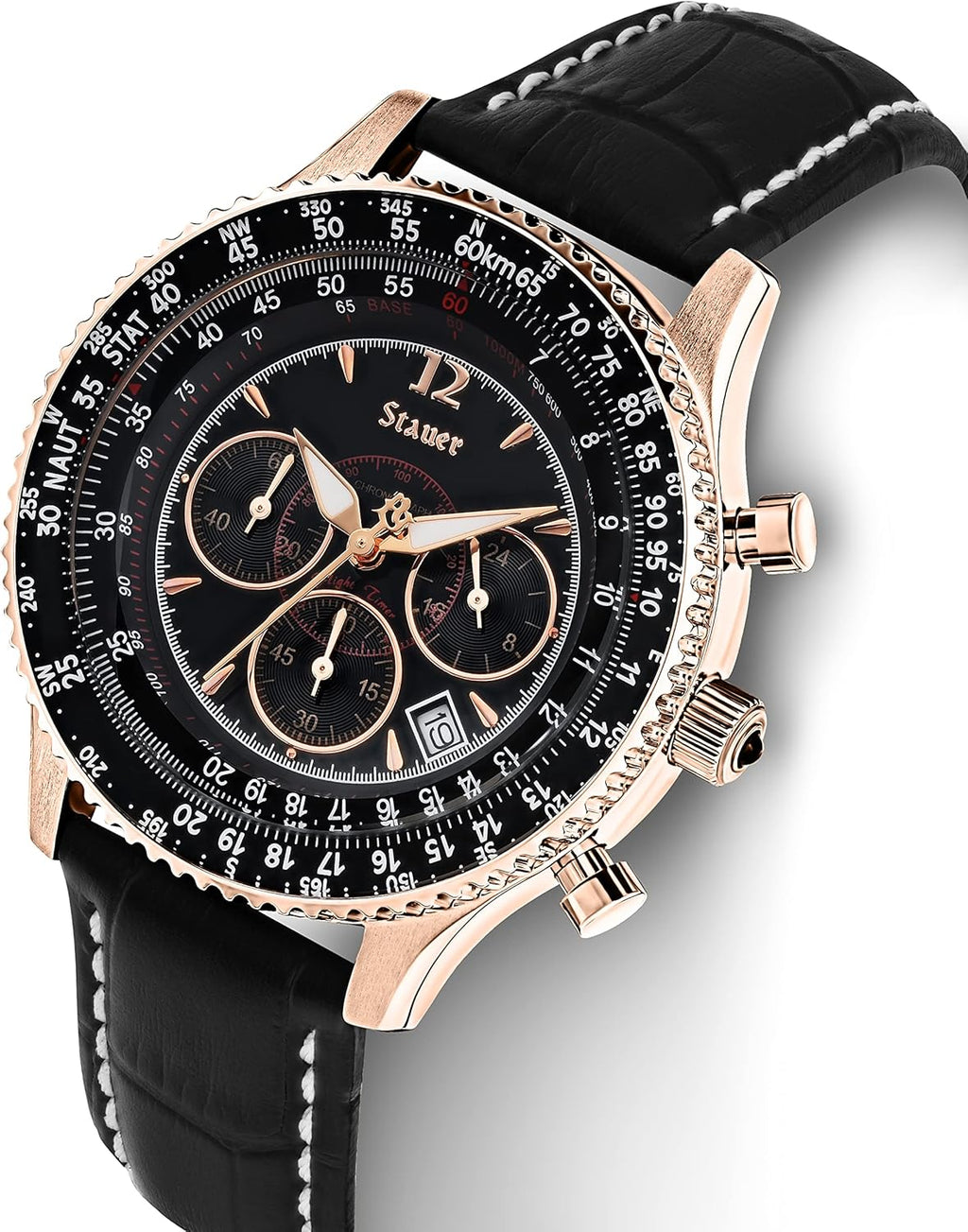 Stauer 1916 Midnight Flyboy Men's Chronograph Watch, Rose Gold Case, Black Leather Band Q2464