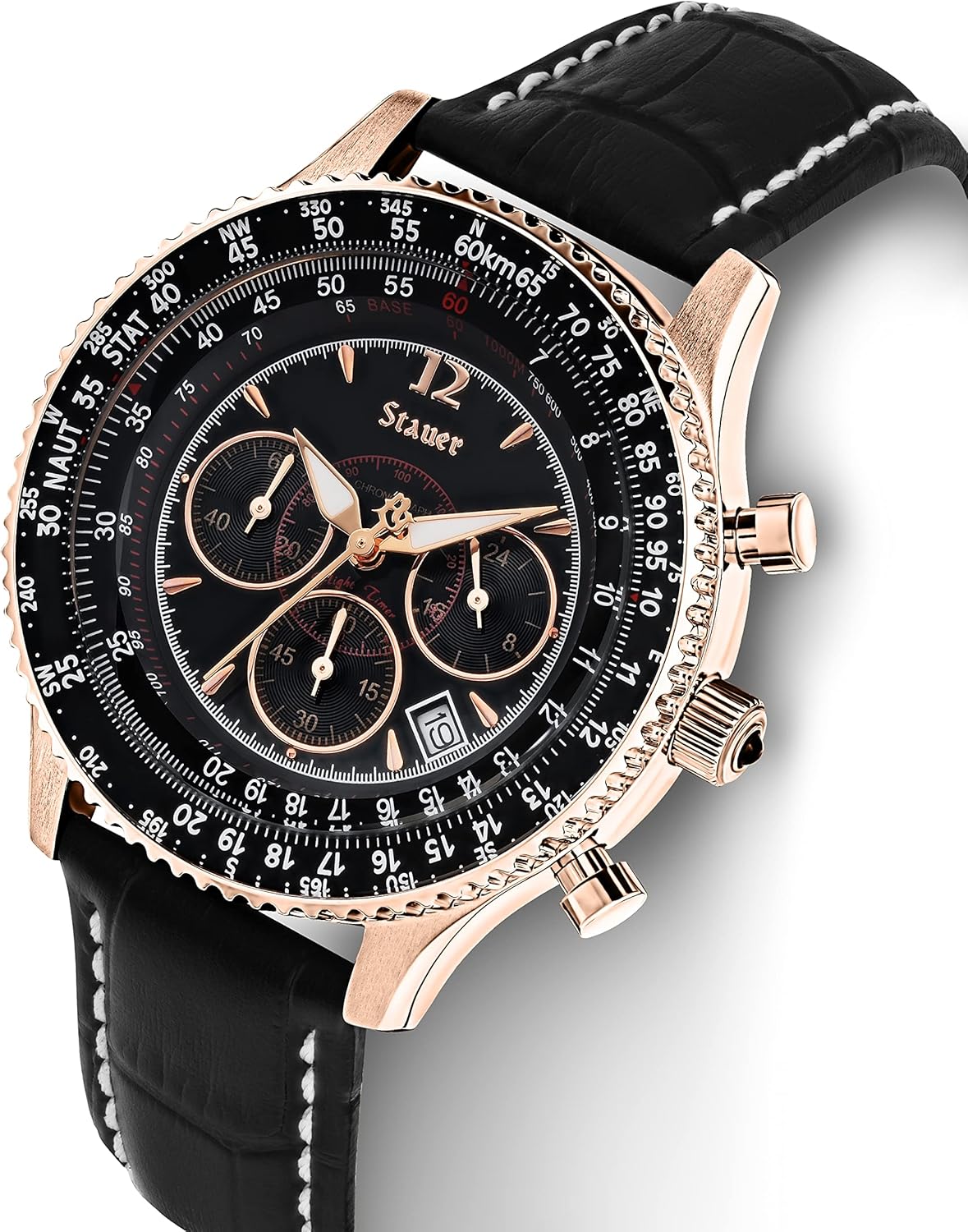 Stauer 1916 Midnight Flyboy Men's Chronograph Watch, Rose Gold Case, Black Leather Band Q2464