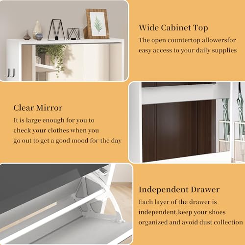 Mirror Shoe Storage Cabinet for Entryway, 3-Tier Narrow Organizer, White A897