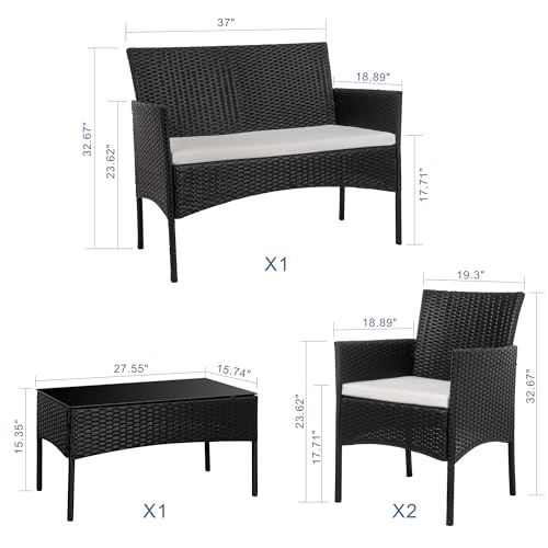 Shintenchi 4 Piece Outdoor Patio Furniture Set with Rattan Chairs and Glass Coffee Table, Black W6133