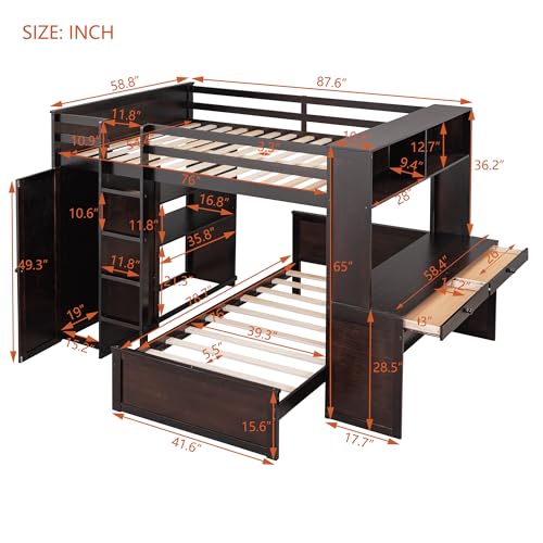 Harper & Bright Designs Full Over Twin Bunk Bed with Desk and Storage, Solid Wood, Gray L8927