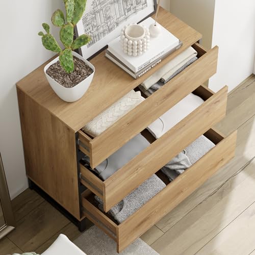 WAMPAT Modern TV Stand for TVs up to 40 inch, 3 Drawers, Metal Base, Oak J845