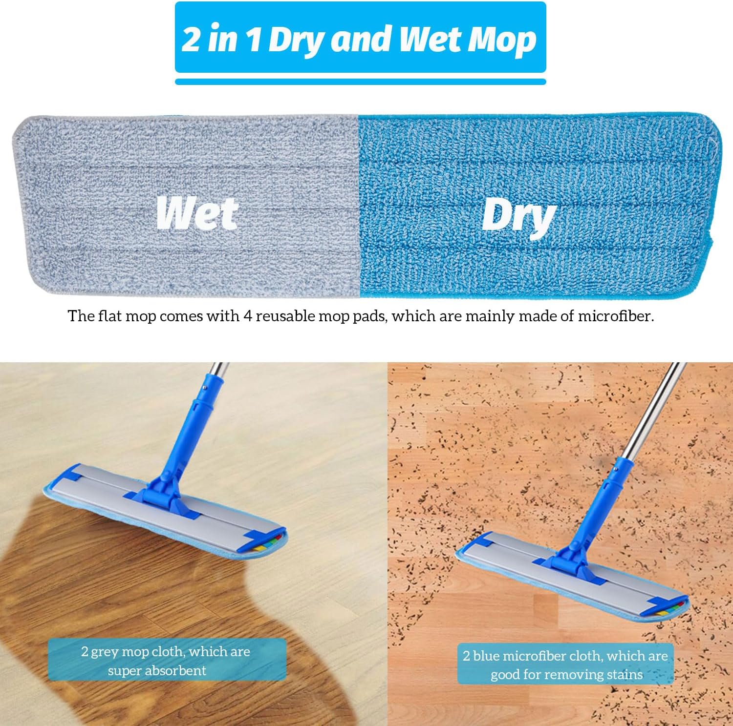 Microfiber Flat Mop with Long Handle, 4 Reusable Pads for Hardwood and Tile Floors U891