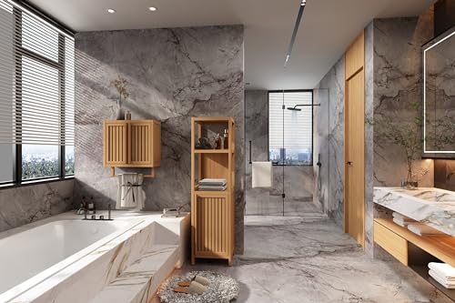 Tall Bamboo Bathroom Storage Cabinet with Door and 2 Shelves F11069