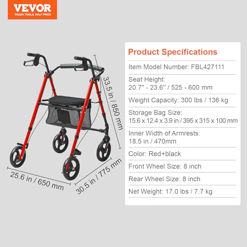 VEVOR Folding Rollator Walker for Seniors, Lightweight Aluminum, 8" All Terrain Wheels, Blue + Black N2534