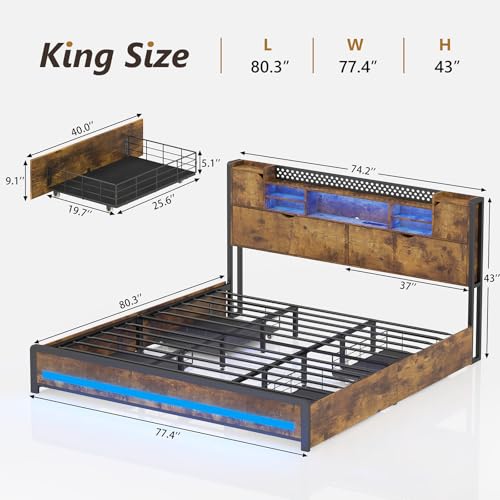 King Size Bed Frame with Storage Drawers and Bookcase Headboard, LED Lights, Vintage Brown K9476
