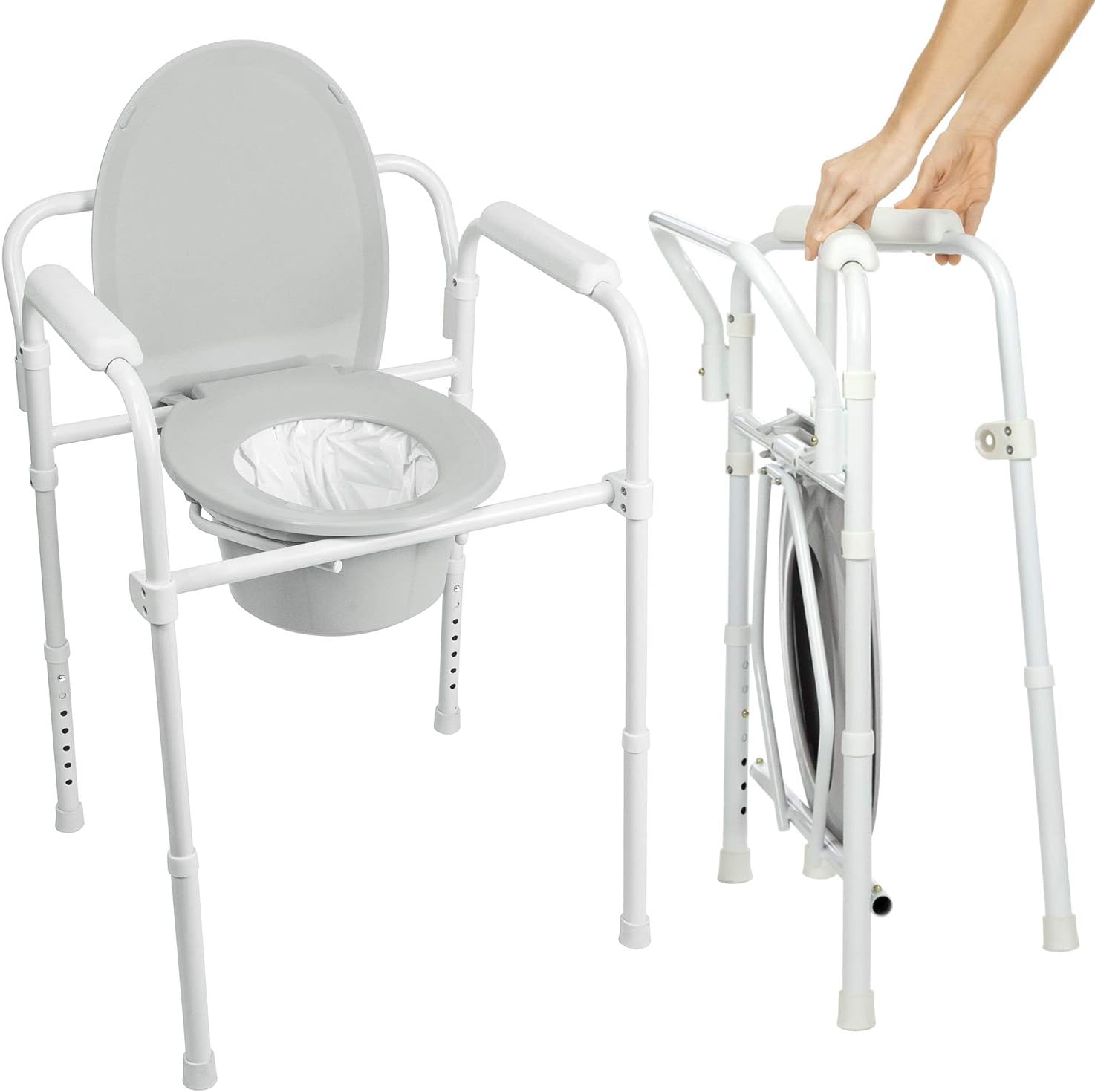 Vive Bedside Commode Toilet Chair (Folding) - 350 lb Capacity, Safety Rail, Shower Chair - 3 in 1 Heavy Duty Bariatric Bucket with Padded Arms, Tight Lid – Portable Seat for Home - Steel