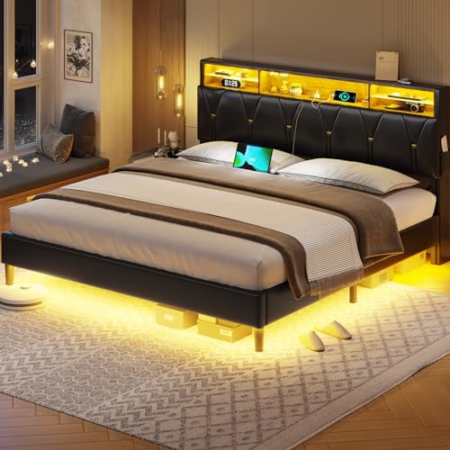 Full Size Velvet Upholstered Bed Frame with Headboard Storage & LED Lights B563