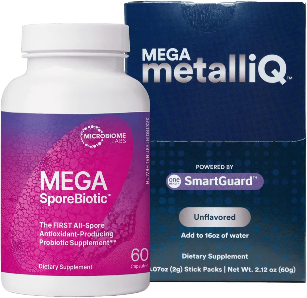 Microbiome Labs MegaSporeBiotic Spore-Based Probiotic (60 Capsules) + MegaMetalliQ Powder Sachets to Support The Removal of Unwanted Elements in The Gut (30 Sachets) - 2 Product Bundle