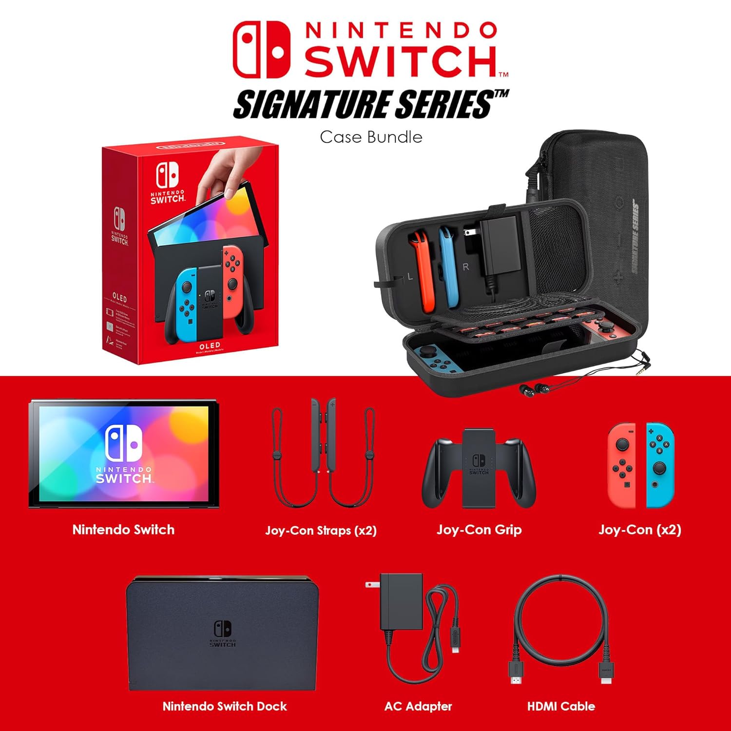 Nintendo Switch OLED Model Neon Red/Blue Accessory Bundle with Extra Joy-Con, Dock, Grips, Straps, Case and Earphones N48223