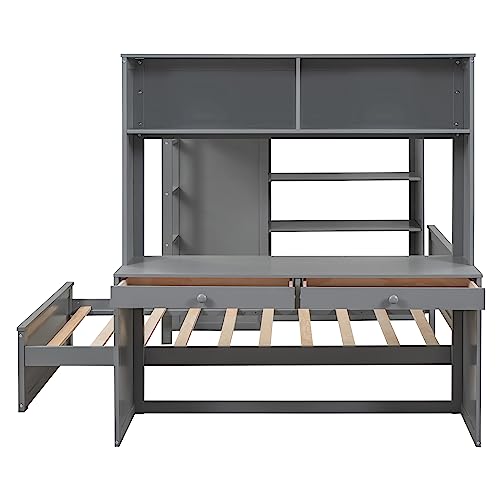Harper & Bright Designs Full Over Twin Bunk Bed with Desk and Storage, Solid Wood, Gray L8927